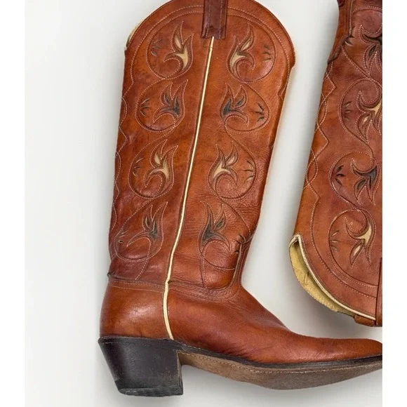 Vintage Acme Inlay Western Cowboy Boots Women USA Brown 8 1/2 C Rockabilly - Picture 3 of 9